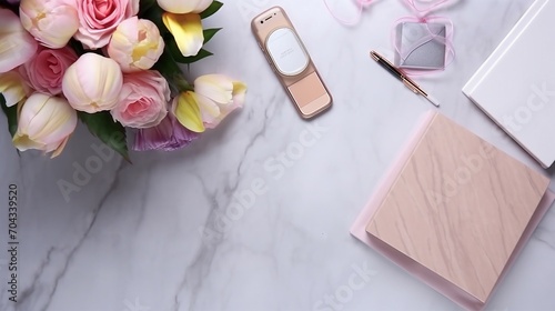 Elegant Cosmetics Arrangement on Stylish Desk with Modern Smartphone and Notebook - Beauty and Fashion Workspace for Creative Bloggers and Professionals.