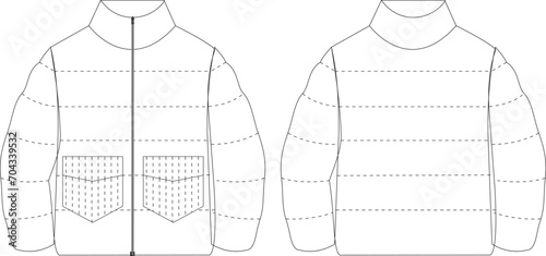 This technical drawing presents a comprehensive illustration of a quilted jacket, showcasing intricate details of its design and construction. The quilted pattern, meticulously depicted in the drawing