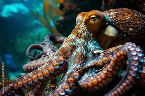 : A close-up shot of a curious octopus displaying its intricate patterns and textures as it explores a vibrant underwater landscape.
