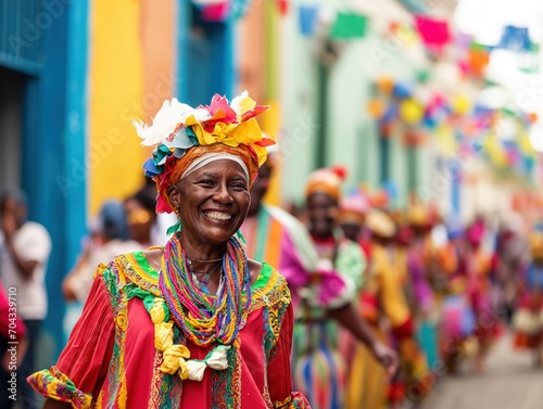 A woman with colorful clothes parading through colorful streets in a carnival procession