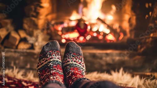 Christmas holidays at home, feet in woolen socks on the background of the fireplace. Created with Generative Ai technology.