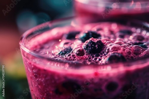 A close up view of a refreshing and colorful smoothie in a glass. Perfect for promoting healthy lifestyle and summer drinks