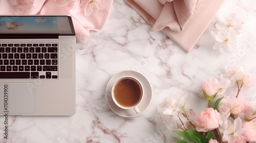 Modern Workspace with Laptop and Smart Phone, Business Desk with a Touch of Nature, Cozy Office Setup for Freelancers and Creatives