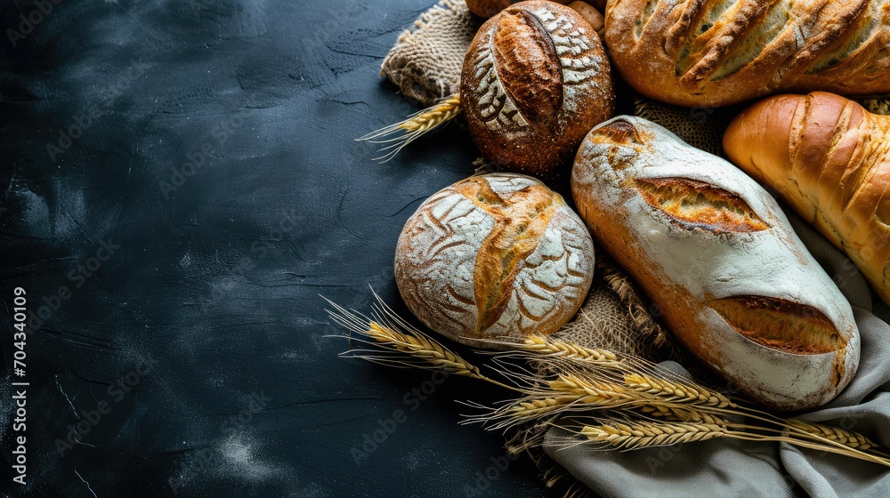 Top view flat lay of various kinds of bread on the table with copy space. Bread bakery and food ingredient background photo concept. Top view flat lay of various kinds of bread on the table with copy space. Bread bakery and food ingredient background photo concept.