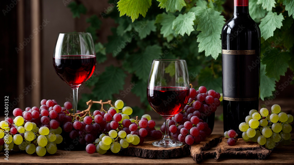 photo of red grapes and a bottle of wine and two glasses, generated by AI