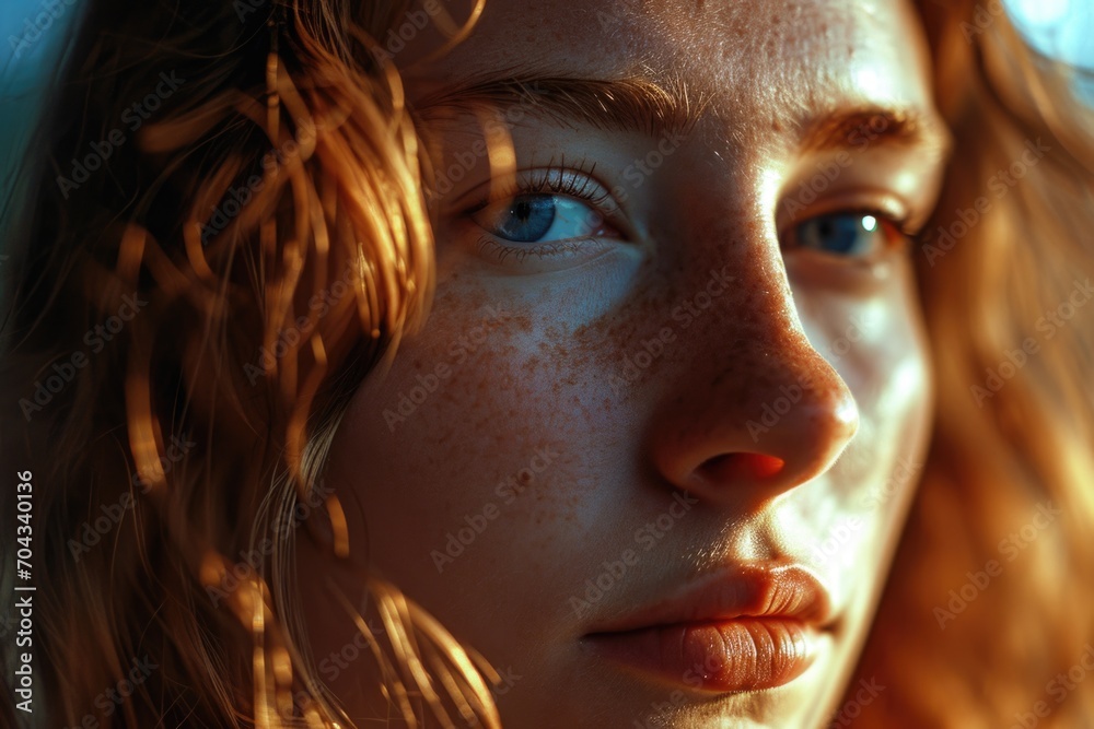 A close-up view of a woman with freckles on her face. Perfect for beauty, skincare, or natural makeup concepts A close-up view of a woman with freckles on her face. Perfect for beauty, skincare, or natural makeup concepts
