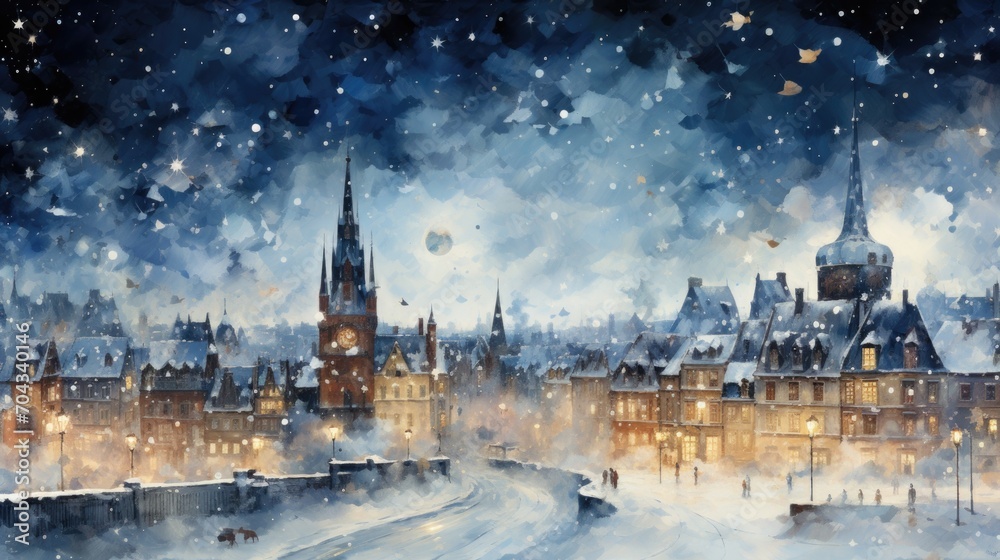 Obraz premium Medieval town with a snowy background - european architecture painting - cozy wallpaper