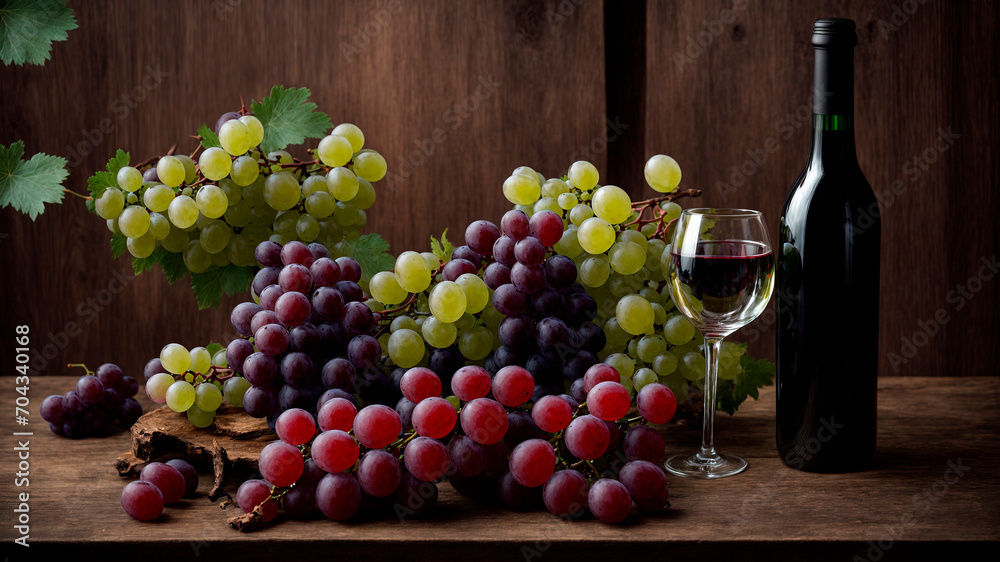 photo of red grapes and wine bottles and glasses, generated by AI