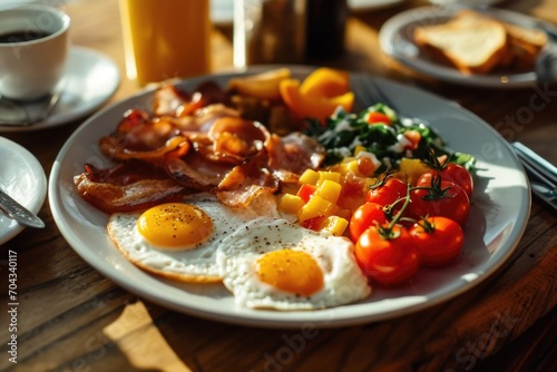 A delicious plate of eggs, bacon, and tomatoes ready for a satisfying breakfast. Perfect for food-related projects and cooking blogs