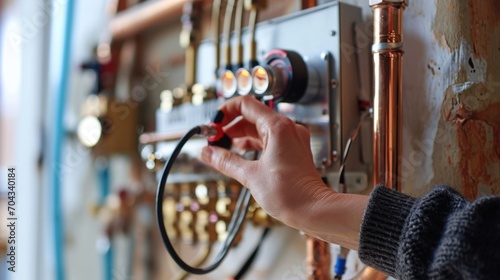 A person is seen working on a water heater. This image can be used to illustrate plumbing repairs or maintenance