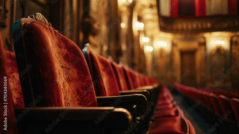 A row of red seats in a theater. Can be used to depict a theater setting or the anticipation of a performance A row of red seats in a theater. Can be used to depict a theater setting or the anticipation of a performance