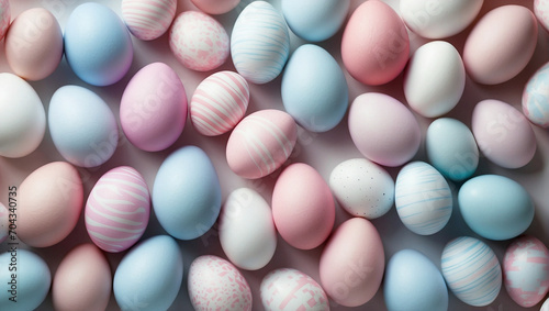 Pattern of light blue, pink and white Easter eggs on a blue background