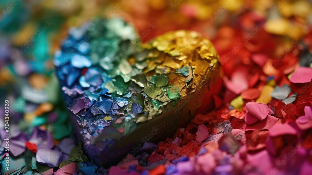 A close-up view of a heart-shaped object resting on a bed of colorful confetti. Perfect for celebrating love and special occasions