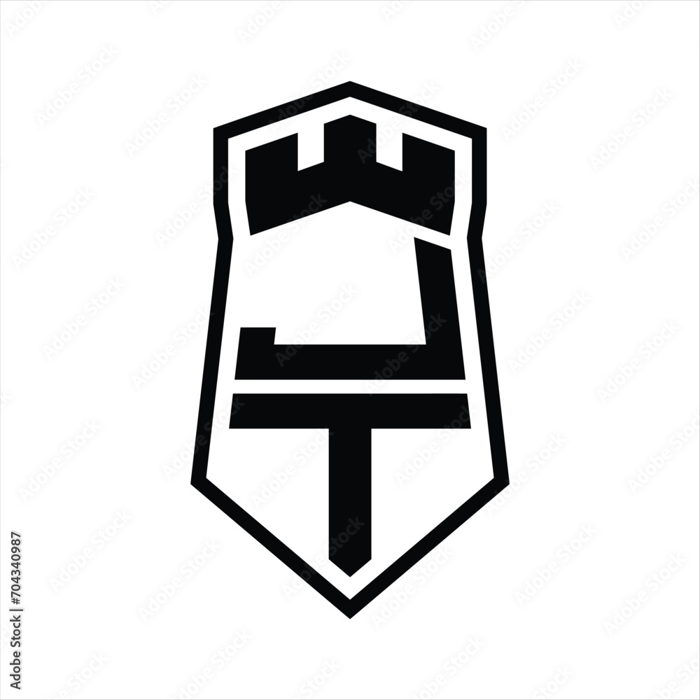 JT Letter Logo monogram hexagon shield shape up and down with crown castle isolated style design