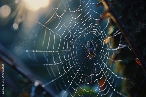 A spider web glistening with water droplets. Perfect for capturing the delicate beauty of nature.
