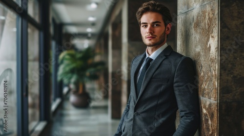 Wallpaper Mural A man in a suit leaning against a wall. Suitable for business, professional, or corporate concepts Torontodigital.ca