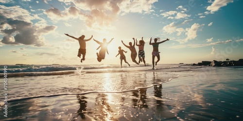 A group of people joyfully jumping in the air on a beautiful beach. Perfect for capturing moments of fun and excitement. photo