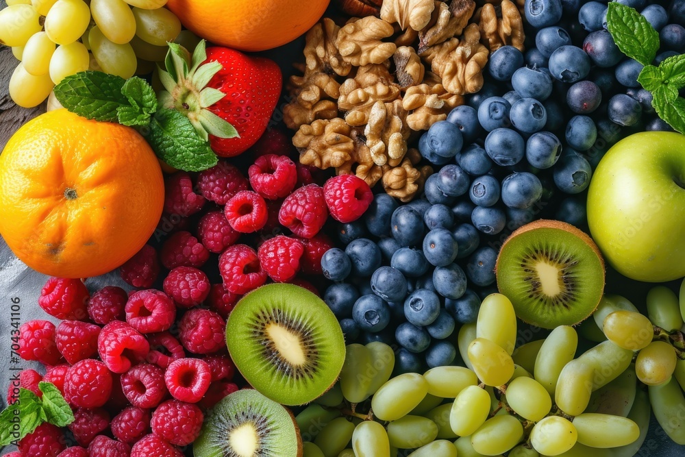 A close-up view of a variety of fruits and vegetables. This image can be used to promote healthy eating or as a background for recipes and cooking blogs A close-up view of a variety of fruits and vegetables. This image can be used to promote healthy eating or as a background for recipes and cooking blogs