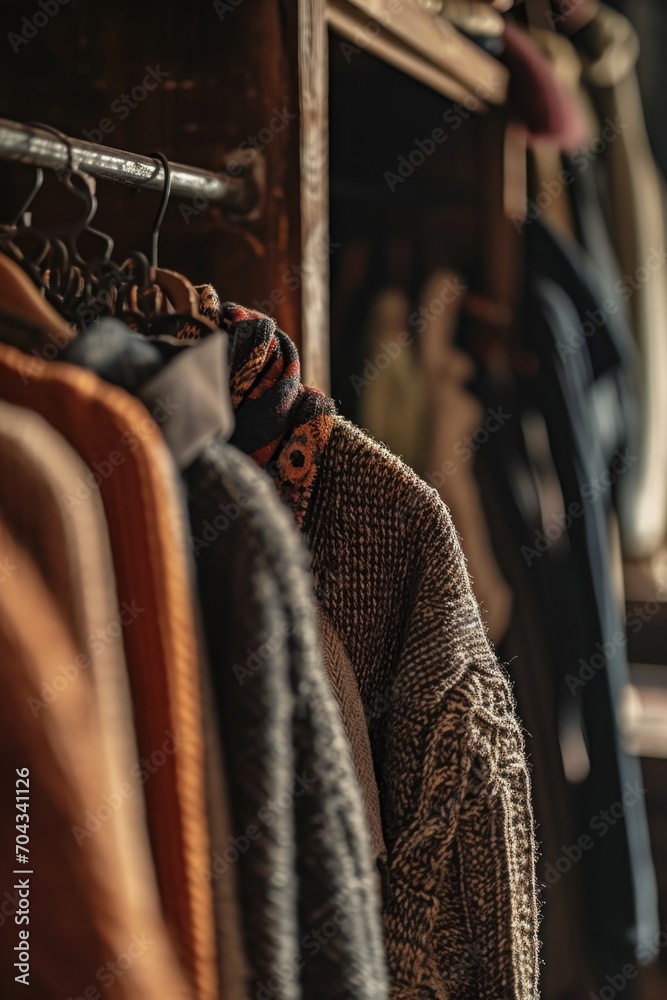 A rack of sweaters hanging on a clothes rack. Perfect for showcasing different styles and colors of sweaters.
