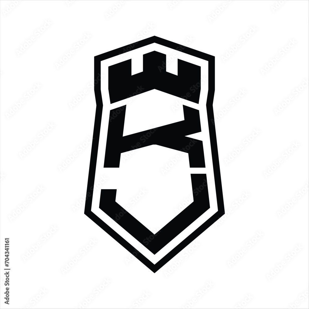 KJ Letter Logo monogram hexagon shield shape up and down with crown castle isolated style design KJ Letter Logo monogram hexagon shield shape up and down with crown castle isolated style design