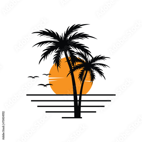 paradise island beach line art logo ,  
simple palm tree and sea logo vector illustration design and attractive with a line art style, vintage style tropical beach logo.
