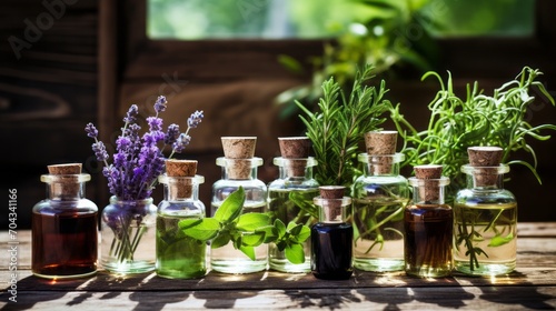 Natural aromatherapy  assorted essential oil bottles with lavender  peppermint  and rosemary on wooden surface 