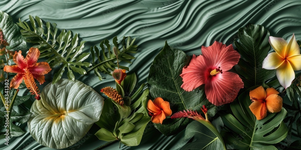 A vibrant group of tropical flowers placed on a lush green surface. Perfect for adding a touch of tropical beauty to any project or design A vibrant group of tropical flowers placed on a lush green surface. Perfect for adding a touch of tropical beauty to any project or design