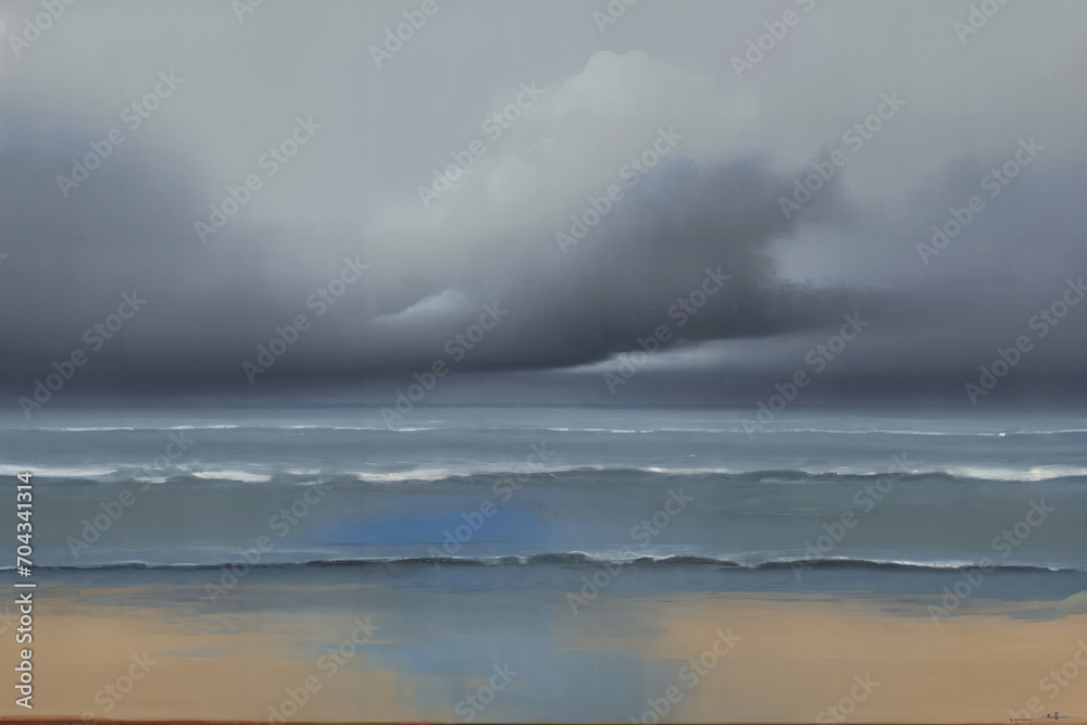 Obraz premium a digital painting of a serene beach scene with gentle waves, under a cloudy sky reflecting the calm yet moody atmosphere. The painting features smooth sand that transitions into gentle waves. The oce