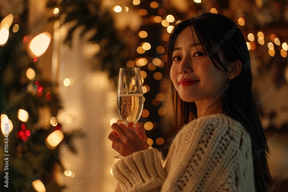 A woman holding a glass of wine stands in front of a beautifully decorated Christmas tree. This image can be used to depict holiday celebrations and festive gatherings A woman holding a glass of wine stands in front of a beautifully decorated Christmas tree. This image can be used to depict holiday celebrations and festive gatherings