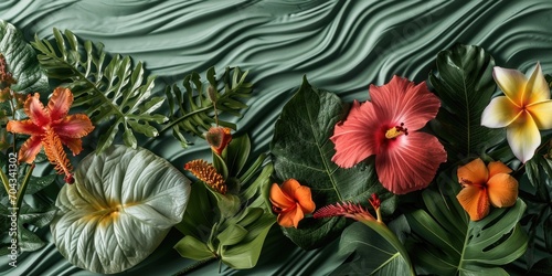 A vibrant group of tropical flowers placed on a lush green surface. Perfect for adding a touch of tropical beauty to any project or design