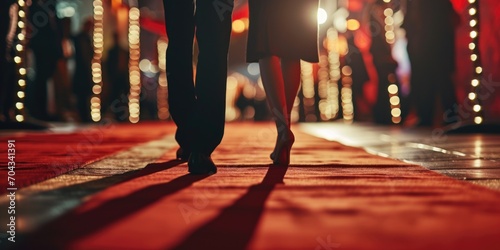 A person is seen walking down a red carpet with bright lights in the background. This image can be used to depict a glamorous event or a VIP arrival photo