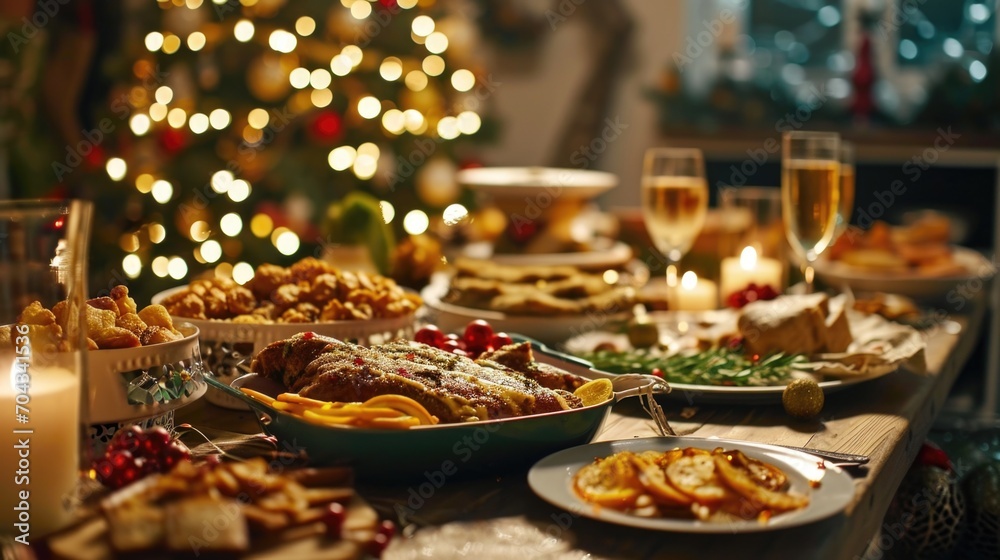 A table filled with plates of food and glasses of wine. Perfect for showcasing a delicious meal or a festive gathering