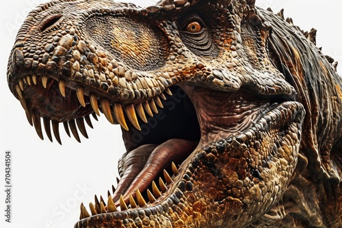 A detailed close-up image of a dinosaur with its mouth wide open. This image can be used to depict the fierce and intimidating nature of dinosaurs.