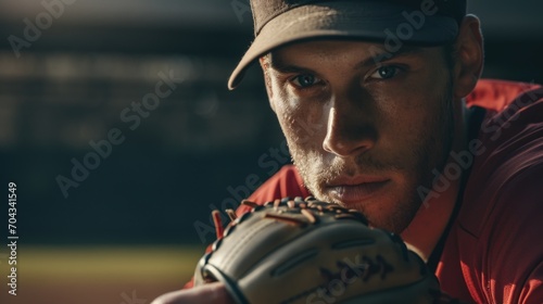 A close-up shot of a baseball player wearing a catcher's mitt. This image can be used to depict the intensity and focus of a catcher during a game photo