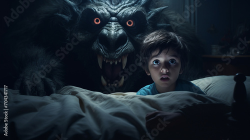 Frightened little boy lies awake in bed due nightmarish dream, terrifying monster lurks in dimly lit room embodying childhood fears and fear of darkness, dreadful horrifying monster in boys room