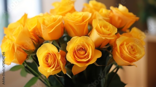 Captivating close-up  indoor scene with a beautiful bouquet of yellow roses 