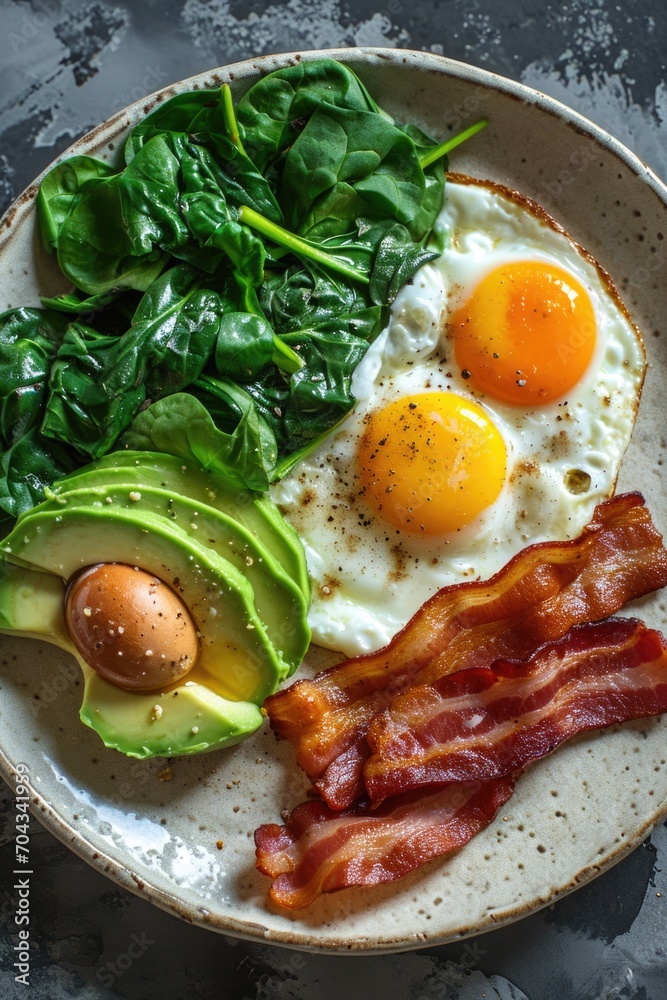 A delicious breakfast plate featuring eggs, bacon, avocado, and spinach. Perfect for a healthy and satisfying start to the day A delicious breakfast plate featuring eggs, bacon, avocado, and spinach. Perfect for a healthy and satisfying start to the day