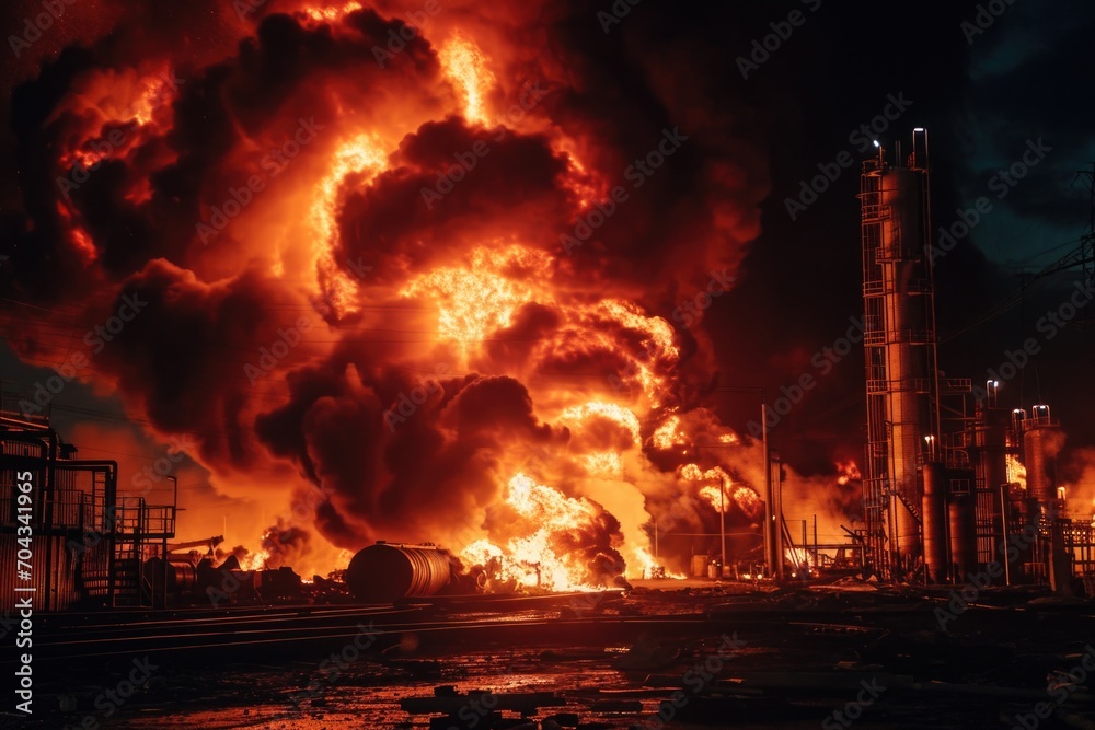 A large fire is burning in a factory. This image can be used to depict industrial accidents or emergency situations