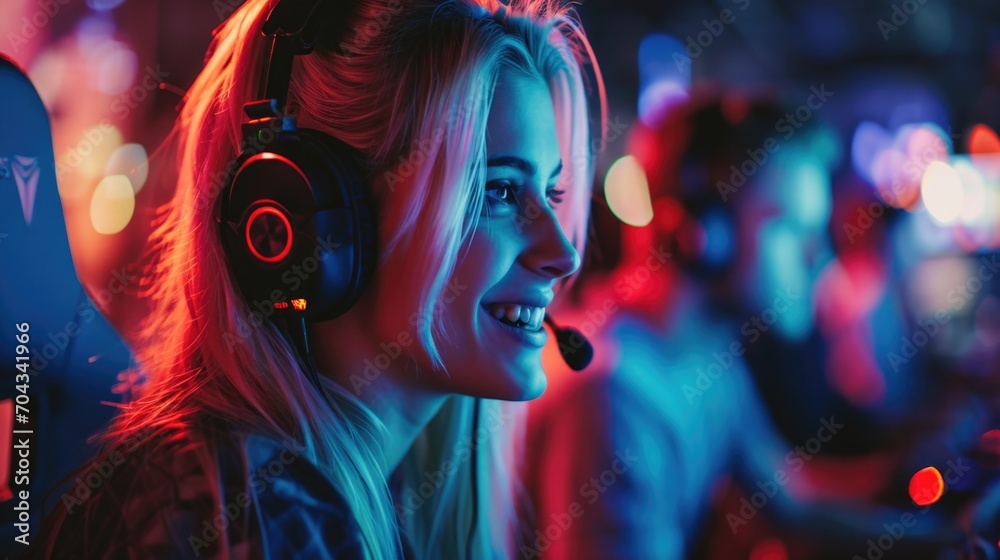 A woman is pictured wearing headphones and holding a microphone. This image can be used for various purposes, such as podcasting, broadcasting, music production, or voice recording A woman is pictured wearing headphones and holding a microphone. This image can be used for various purposes, such as podcasting, broadcasting, music production, or voice recording