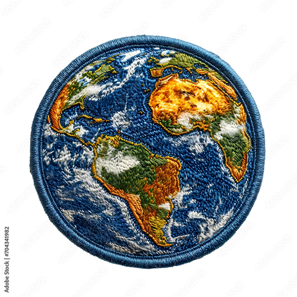 Embroidered earth globe stitched sticker emoji or patch badge with transparent png background generated by ai