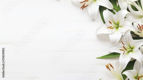 Exquisite lily blossoms on white wooden table     captivating flat lay with ample space for text  