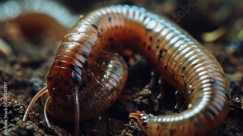 A detailed close-up shot of a worm in the dirt. This image can be used to showcase nature, biodiversity, or as an educational resource for biology-related content © Fotograf