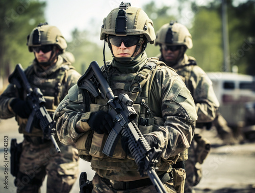 Group of soldiers remain alert and prepared, standing watchful in formation, embodying military discipline.