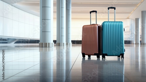 Worldly Adventure Awaits: Two Suitcases in an Empty Airport Hall Symbolizing the Excitement of Travel and Exploration