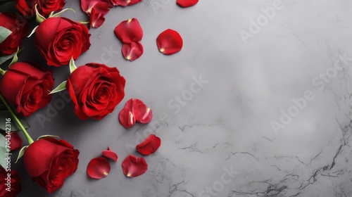 Vibrant red roses and petals on elegant grey background, stylish flat lay floral composition