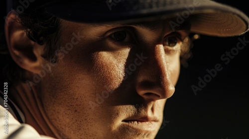 A close-up shot of a baseball player wearing a hat. Suitable for sports-related content and baseball-themed designs