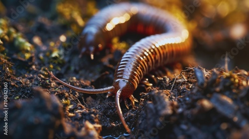 A detailed close-up of a centipede crawling on the ground. This image can be used to depict insects, nature, or wildlife © Fotograf