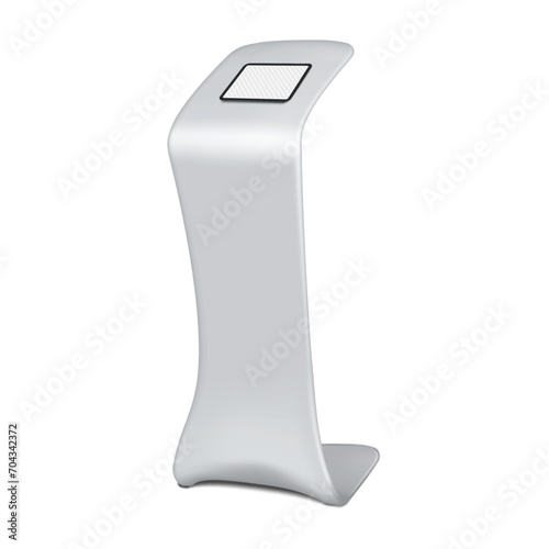 Exhibition tablet stand with transparent screen realistic mock-up. Blank digital display vector mockup. Template for design