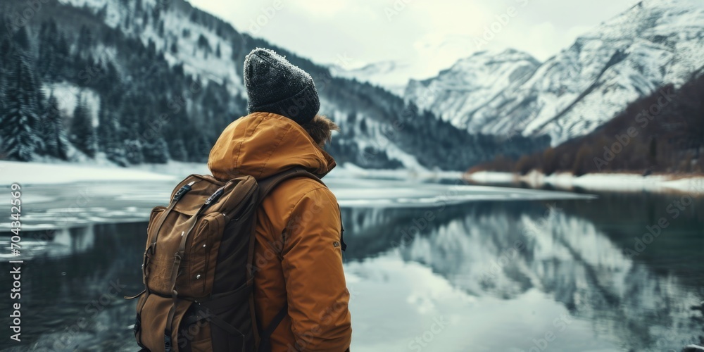 A person standing in front of a serene lake with majestic mountains in the background. Perfect for nature and outdoor enthusiasts