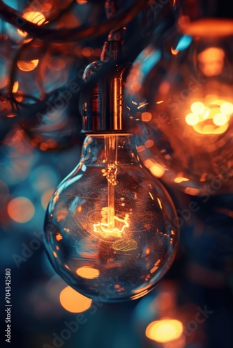 A close up view of a light bulb hanging on a string. This versatile image can be used to symbolize creativity  innovation  or bright ideas.